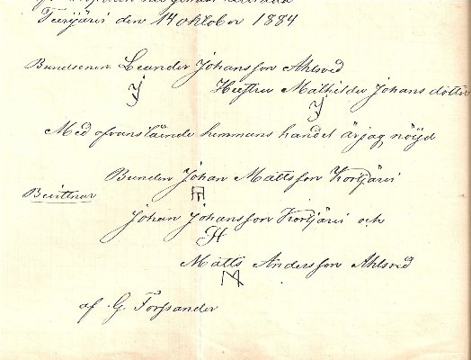 Underteckning på köpekontrakt på Djupsjöbacka 1884