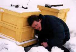 Bild p Robin Melander vid en bikupa i vintrigt landskap.